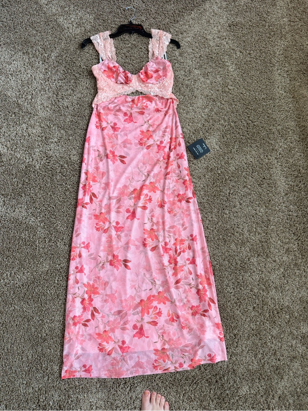 Lulu's Pink Floral Lace-Trim Long Chemise